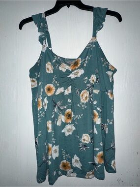 Torrid Super Soft Floral Babydoll Tank Top Size 2 18/20 Teal Ruffle Strap
